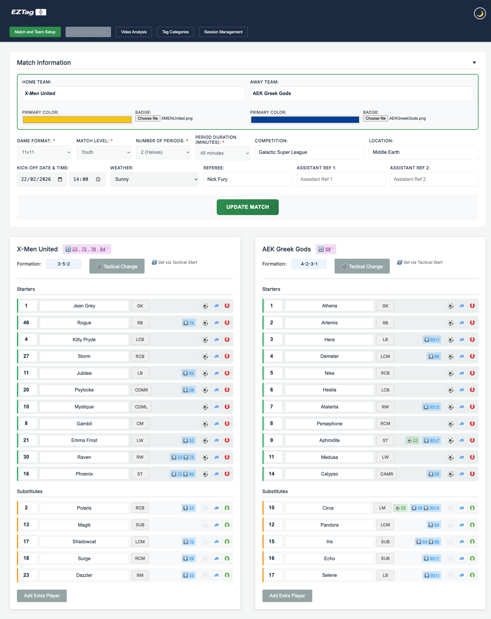 EZTag match setup — team lineups, formations, and match events