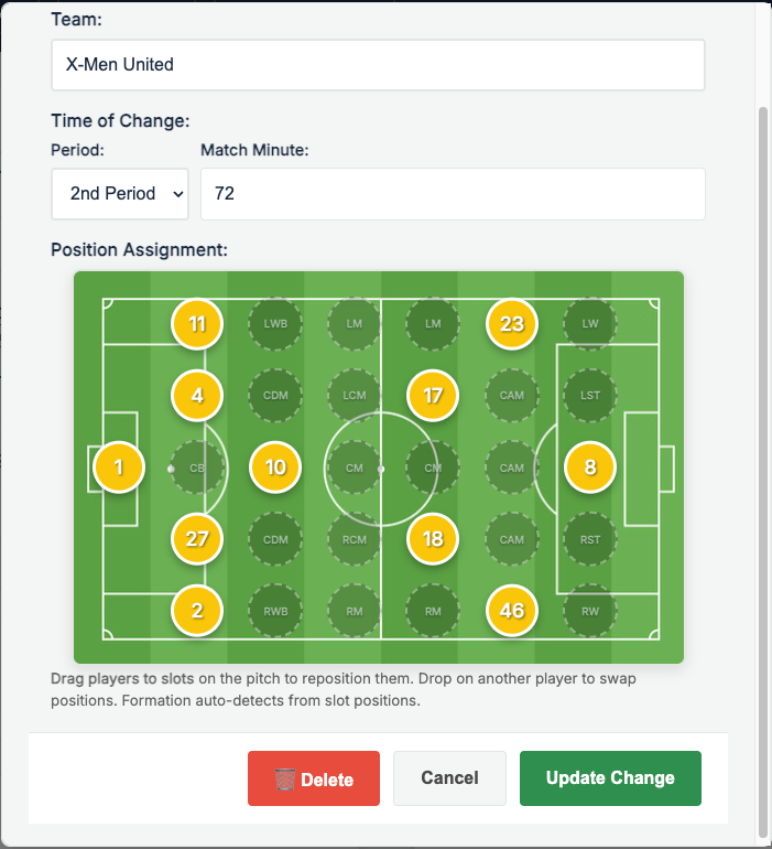 EZTag tactical setup — formation editor with players on pitch