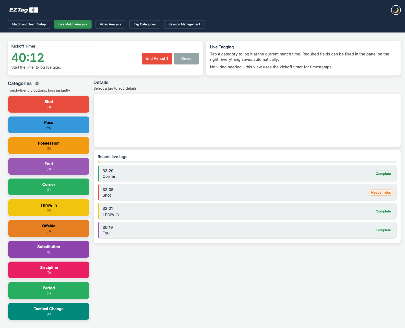 EZTag live match tagging — real-time event capture